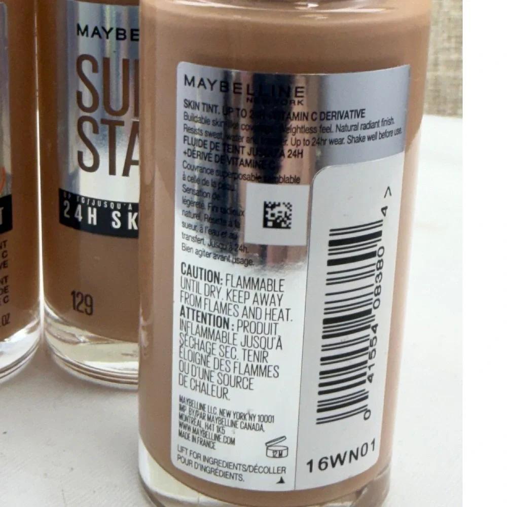 Lot of 3 Maybelline Super Stay 24H Skin Tint Vitamin C Shade 129 Medium 1oz Each